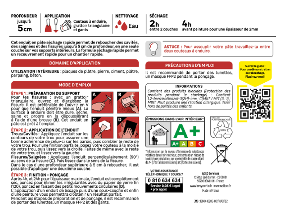 Enduit de rebouchage en pâte Séchage rapide AXTON blanc 1 L