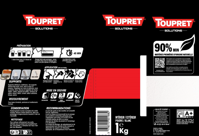 Enduit de rebouchage en poudre Expert'rebouch TOUPRET blanc 1 kg