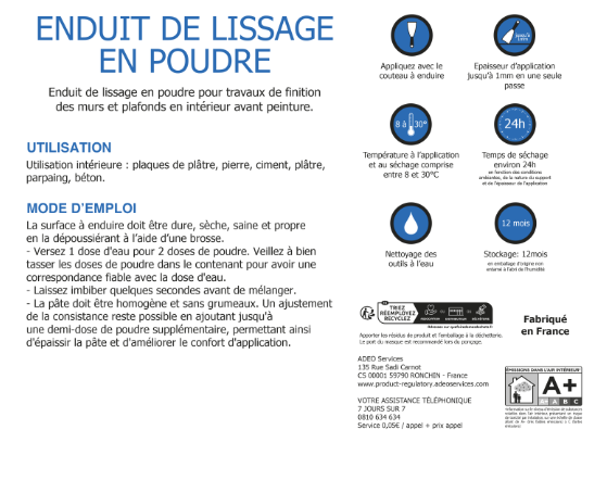 Enduit de lissage en poudre blanc 15 kg