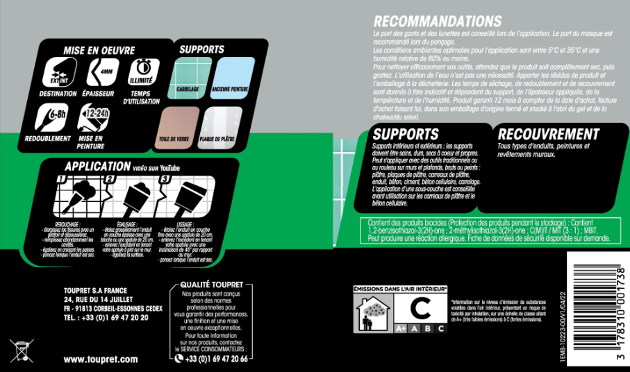 Enduit en pâte Multi' fonction TOUPRET blanc 1.25 kg
