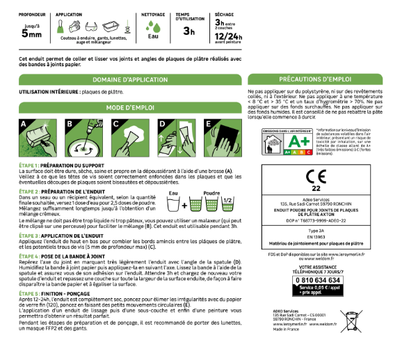 Enduit pour bande à joint en poudre , AXTON blanc 10 kg