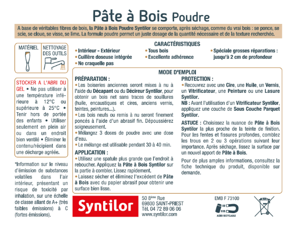 Pâte à bois En poudre SYNTILOR chêne moyen 200 g