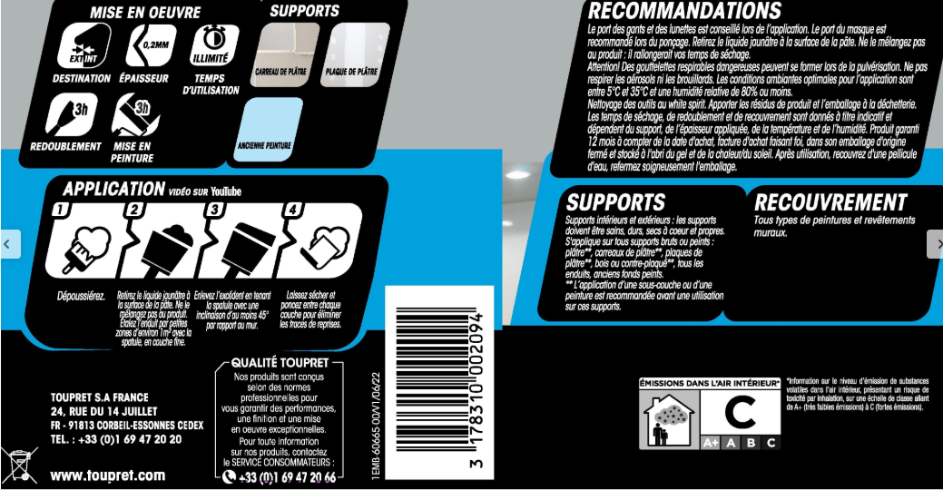 Enduit gras à laquer en pâte Finition TOUPRET blanc 1 kg