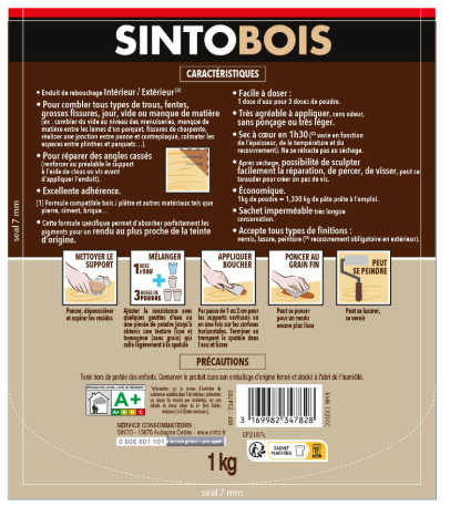 Enduit en poudre Gros trous SINTO bois clair 1 kg