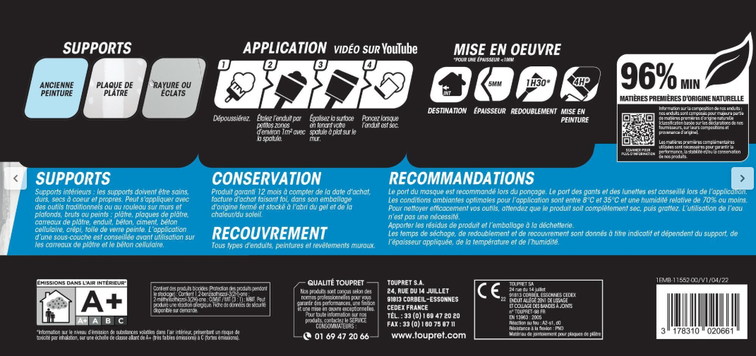 Enduit de lissage en pâte Allégée TOUPRET blanc 4 l
