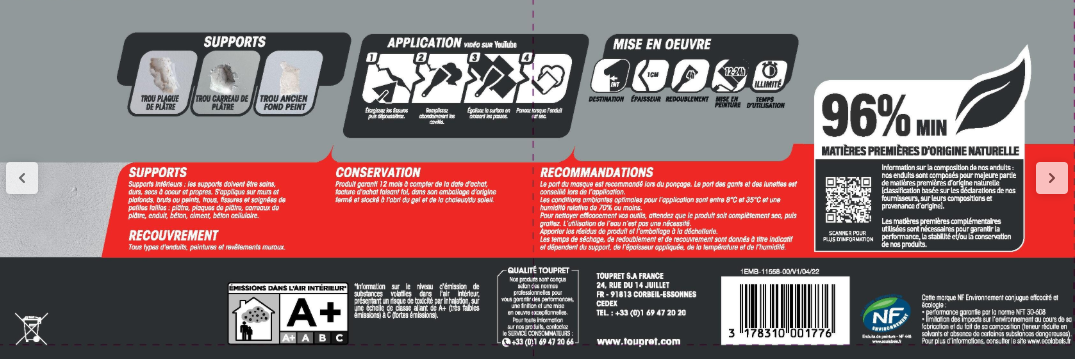 Enduit de rebouchage en pâte Rapid rebouch TOUPRET blanc 4 kg