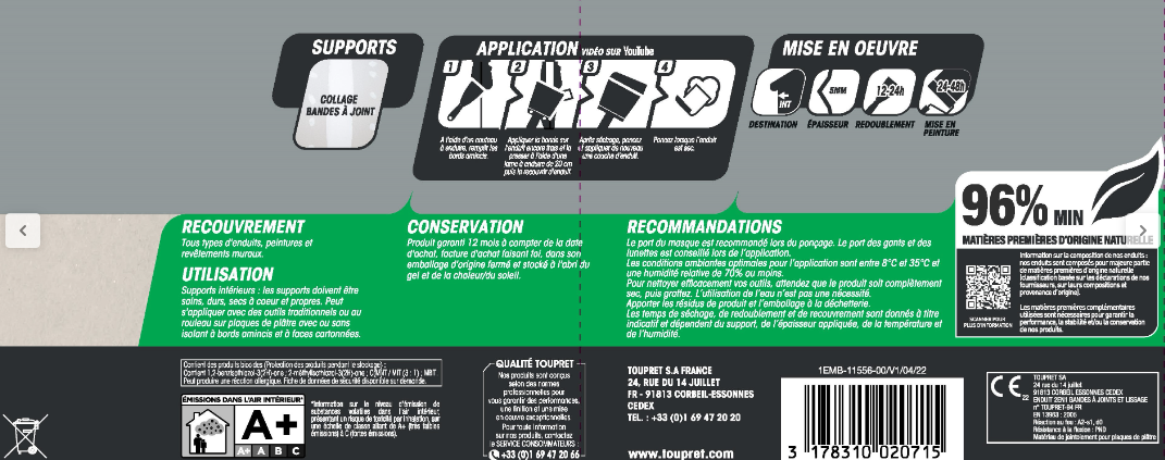 Enduit pour bande à joint en pâte 2 en 1 TOUPRET blanc 7 kg