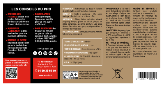 Enduit de rebouchage en pâte R PRESTONETT blanc 4 kg