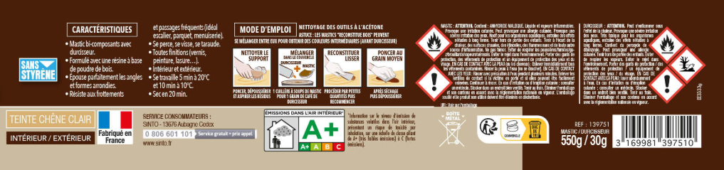 Mastic bois Sintobois angles & gros trous SINTO chêne clair 580 g