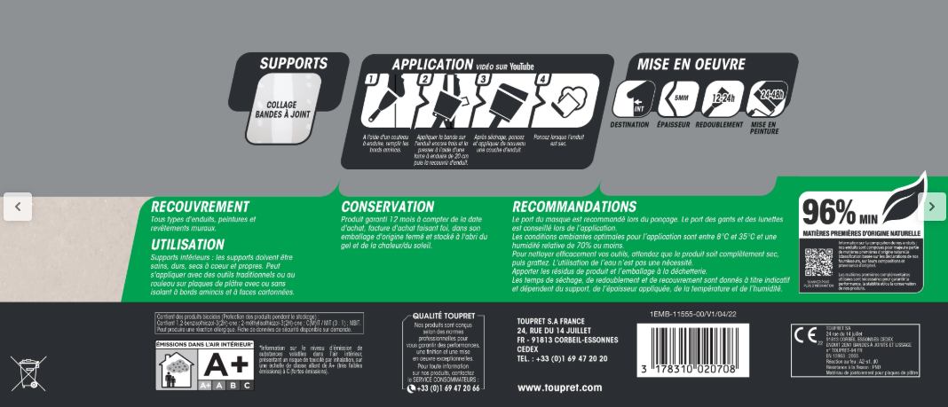Enduit pour bande à joint en pâte 2en1 TOUPRET blanc 15 kg