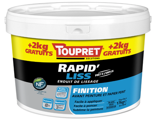 Enduit de lissage en pâte Rapid'liss TOUPRET 15 kg + 2kg gratuit