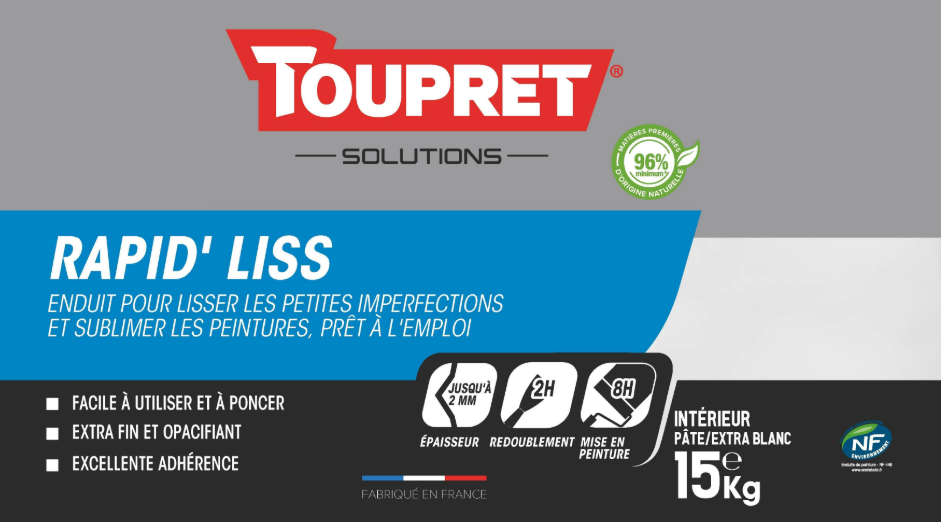 Enduit de lissage en pâte Rapid'liss TOUPRET blanc 15 kg