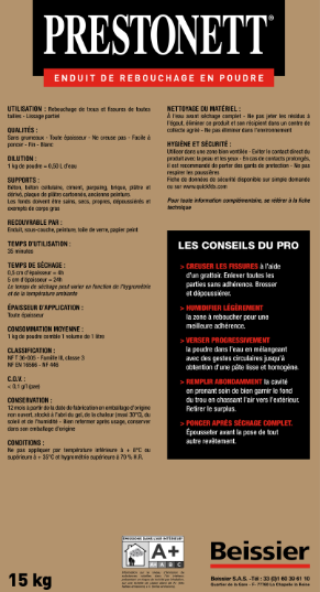 Enduit de rebouchage en poudre R PRESTONETT blanc 15 kg