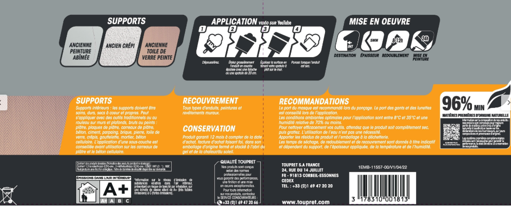 Enduit de rénovation et garnissant en pâte Rapid rénov TOUPRET blanc 15 kg
