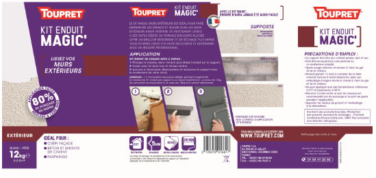 Kit enduit de lissage avec outils TOUPRET Magic 12kg pâte allégée mur extérieur