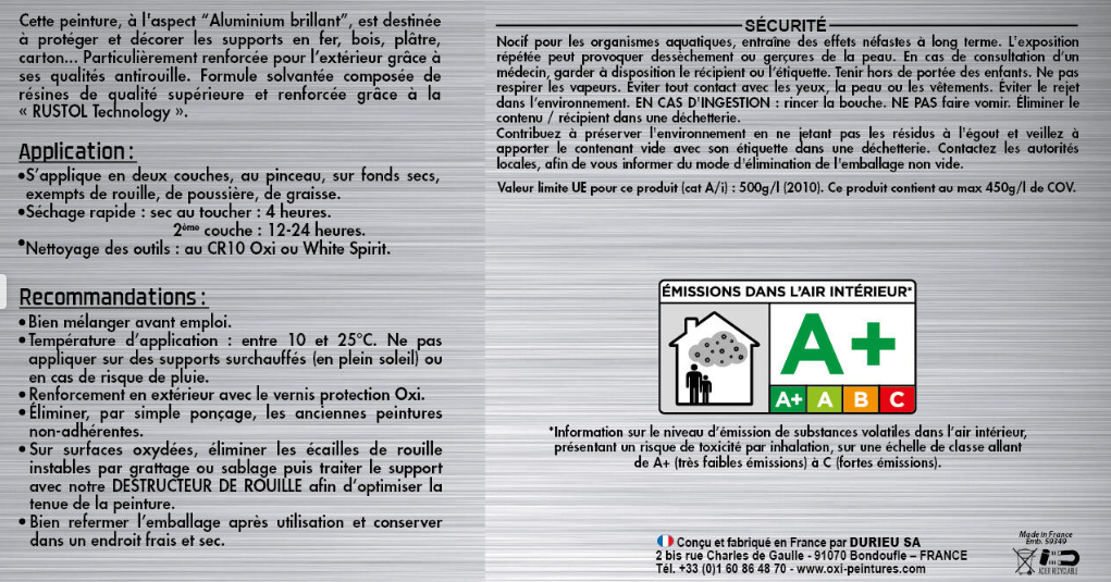 Peinture extérieure fer, bois Multi-supports OXI aluminium brillant 0.125l