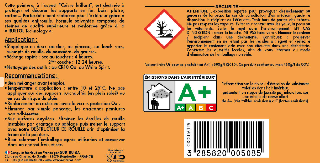 Peinture extérieure bois, fer Multisupports OXI cuivre brillant 0.125l