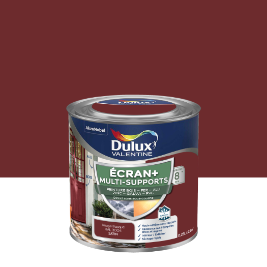 Peinture extérieure bois, fer, pvc Ecran+ DULUX VALENTINE rouge bas. satin 0.25l