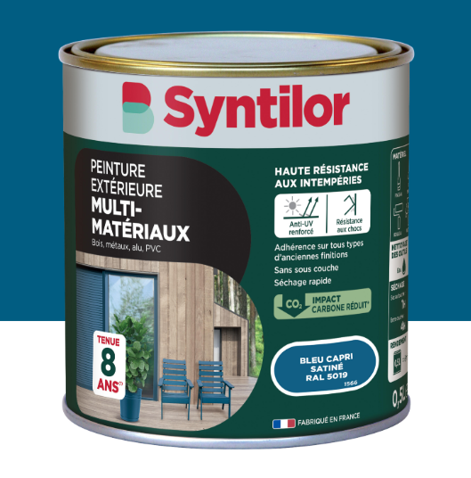 Peinture extérieure bois, aluminium, pvc . SYNTILOR bleu capri satiné 0.5l