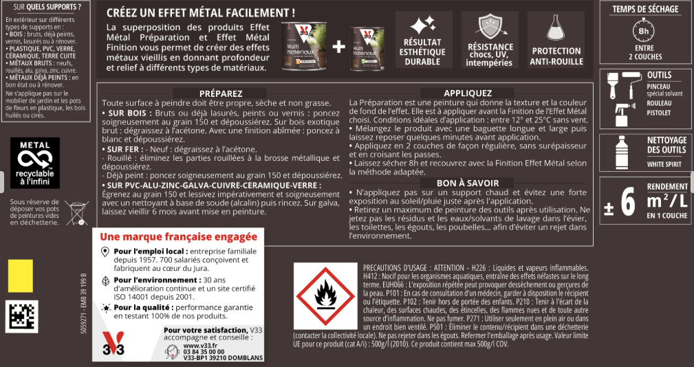 Peinture extérieure multi matériaux Effet métal étape 1 V33 fonte brulée 0.5l
