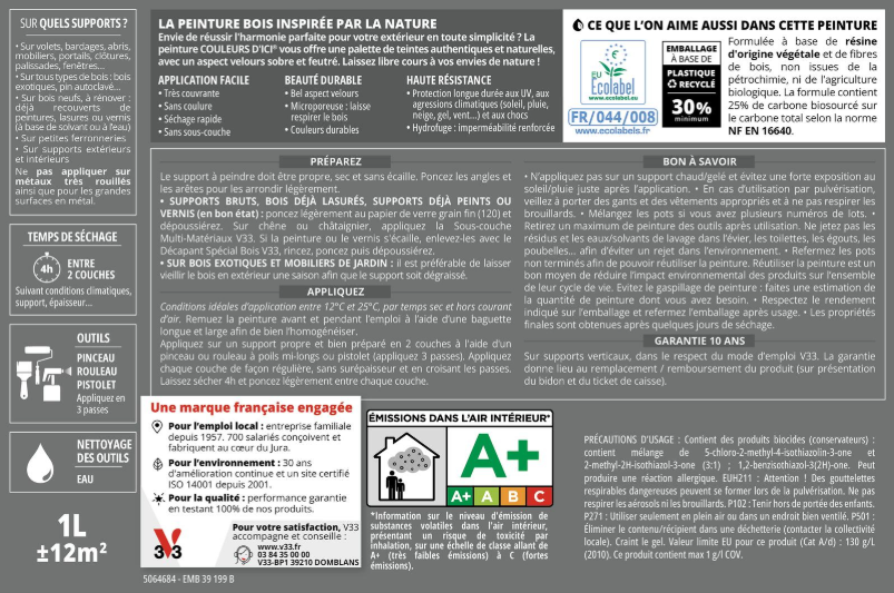 Peinture extérieure bois Couleurs d'ici ® V33 vert pastel velours 0.5l