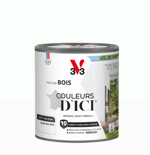 Peinture extérieure bois Couleurs d'ici ® V33 blanc RAL 9016 velours 0.5L