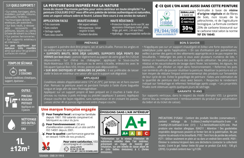 Peinture extérieure bois Couleurs d'ici ® V33 blanc RAL 9016 velours 0.5L