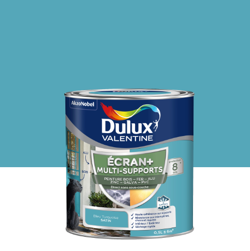 Peinture extérieure bois, fer, pvc Ecran+ DULUX VALENTINE bleu turquoise satiné 0.5l