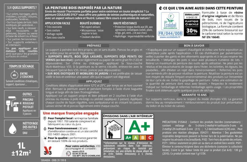 Peinture extérieure bois Couleurs d'ici ® V33 vert profond velours 0.5l