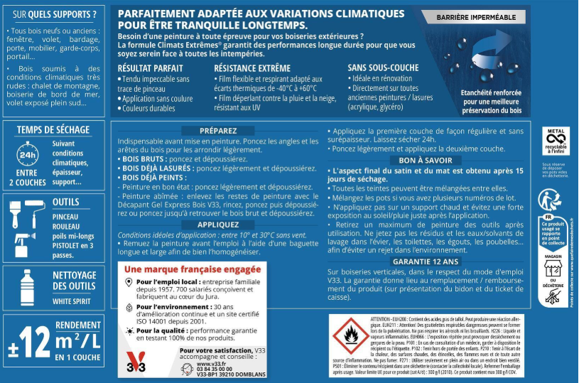 Peinture extérieure bois Climats extrêmes® V33 vert provence satiné 0.5l