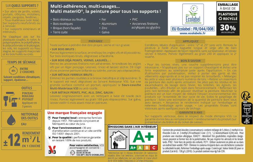 Peinture extérieure bois, fer, plastique V33 vert tilleul satiné 2l