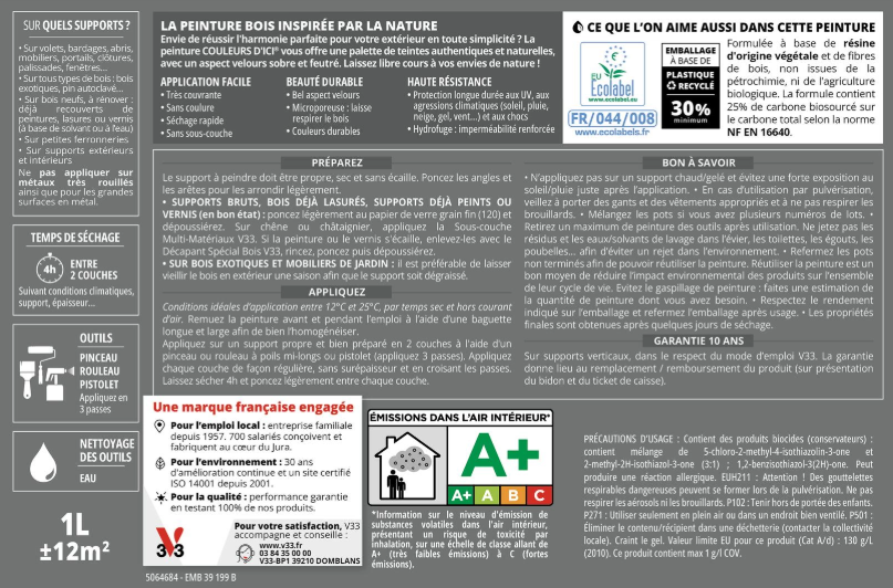 Peinture extérieure bois Couleurs d'ici ® V33 vert pastel velours 2l