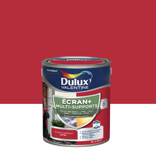 Peinture extérieure bois, fer, pvc Ecran+ DULUX VALENTINE rouge coquelicot satin 2l