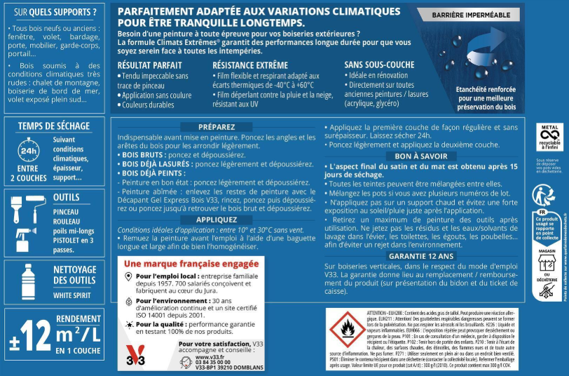 Peinture extérieure bois Climats extrêmes® V33 bleu hoggar satiné 2.5l