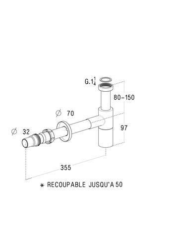 Siphon in shiny chrome-plated brass with visible adjustable tube, outlet ø 32 mm, flow rate 31 L/min