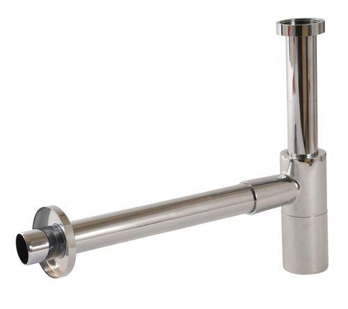 Siphon in shiny chrome-plated brass with visible adjustable tube, outlet ø 32 mm, flow rate 31 L/min