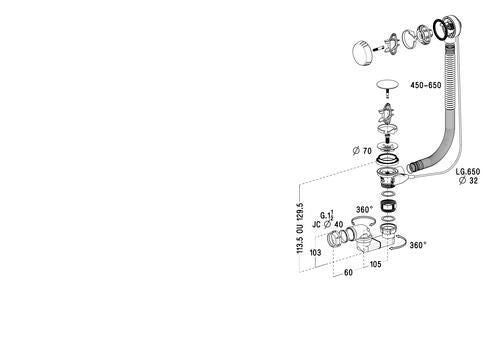 Plastic cable drain in stainless steel NF TBR L. 650 x ø 70 mm with articulated siphon that can be rotated 360°