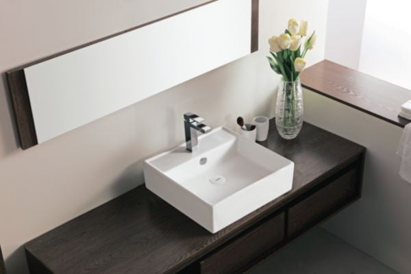 DOMINO square countertop washbasin, ceramic, with tap ledge and overflow, L 46.5 x W 46.5