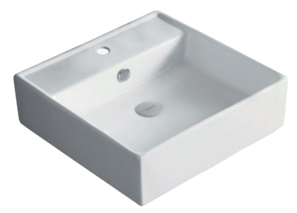 DOMINO square countertop washbasin, ceramic, with tap ledge and overflow, L 46.5 x W 46.5