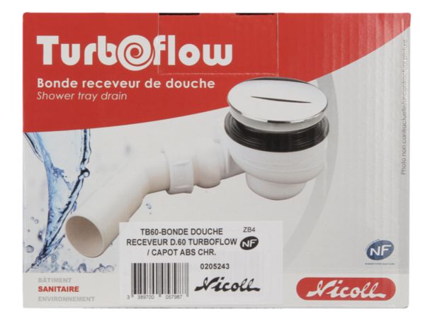 Bonde de douche TURBOFLOW capot ABS chromé sortie horizontale ø 60 mm sortie ø 40 x ø 50 x h. 80 mm