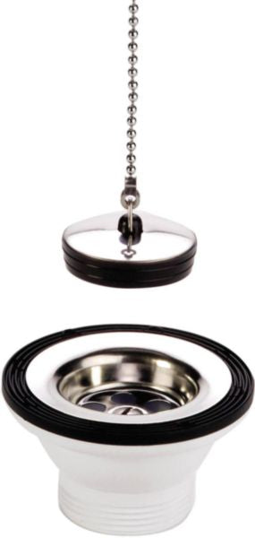 White stainless steel sink drain with integrated plug and chains ø 70 mm 1 1/2 L. 28 cm